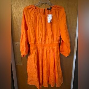 NWT J Crew 100% linen Sz Med tangerine long sleeve dress w/ stretchy waistband
